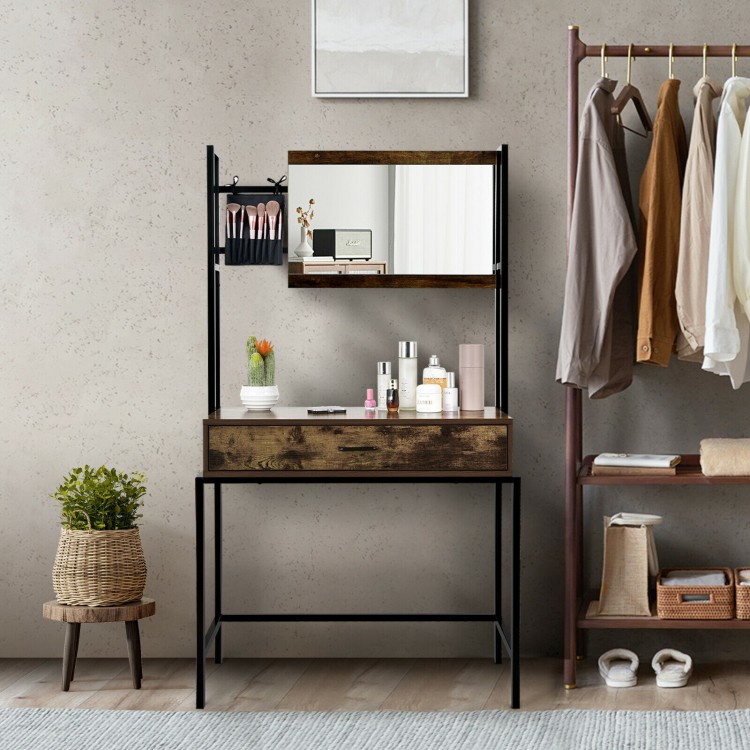 Industrial vanity table in bag-brown with adjustable mirror, spacious drawer, and storage for cosmetics in a stylish.