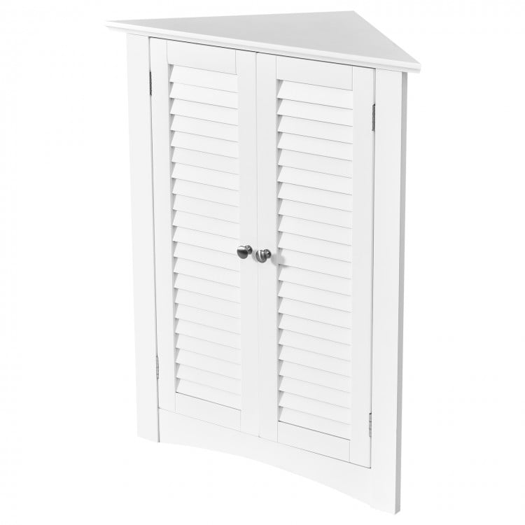 White bathroom corner storage cabinet with shutter doors, adjustable shelf, and spacious storage for toiletries and.