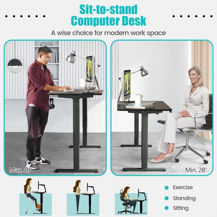 Electric height adjustable standing desk in black, showcasing sitting and standing positions for ergonomic workspace.