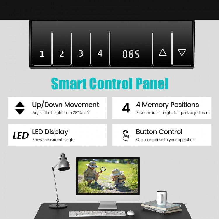 Electric height adjustable standing desk control panel showing LED display and memory buttons for quick height.