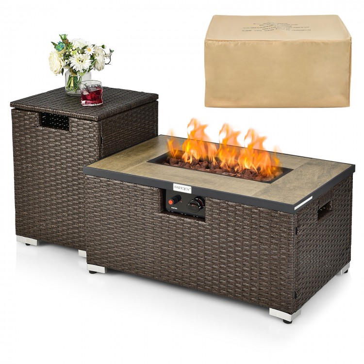 32-inch propane rattan fire pit table set with side table, 40000 BTU heat, and waterproof cover for outdoor gatherings.