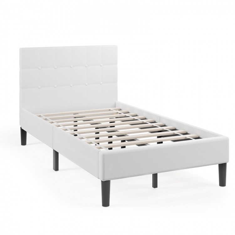 Twin platform bed with a beige button tufted headboard, sturdy construction, and 7-inch under-bed storage space.
