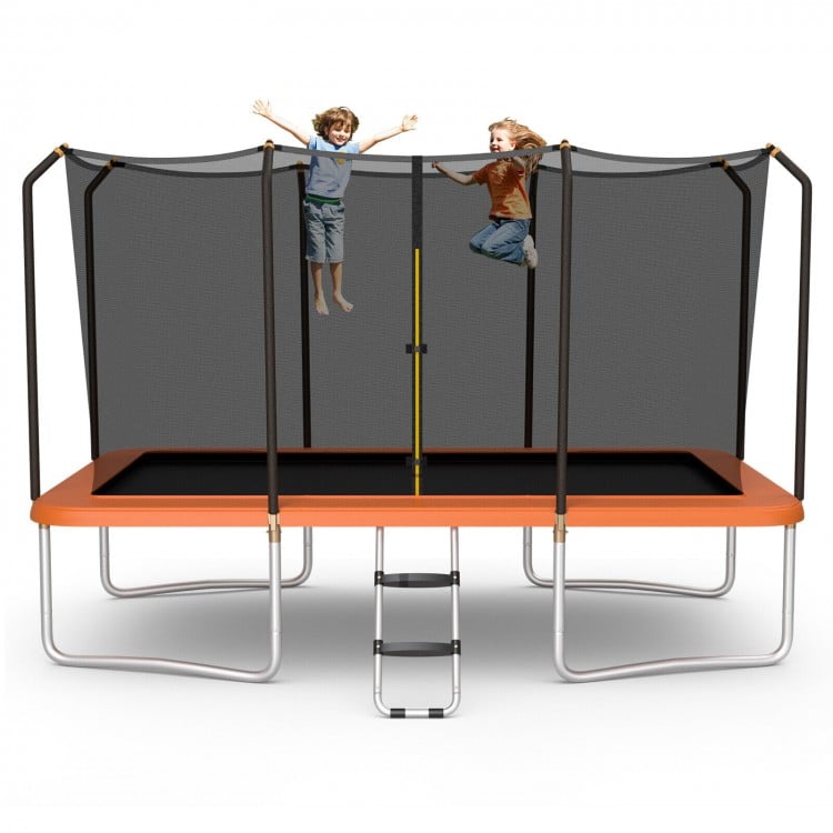 Rectangular 8 x 14 feet trampoline with safety enclosure net and ladder, designed for safe outdoor jumping fun.