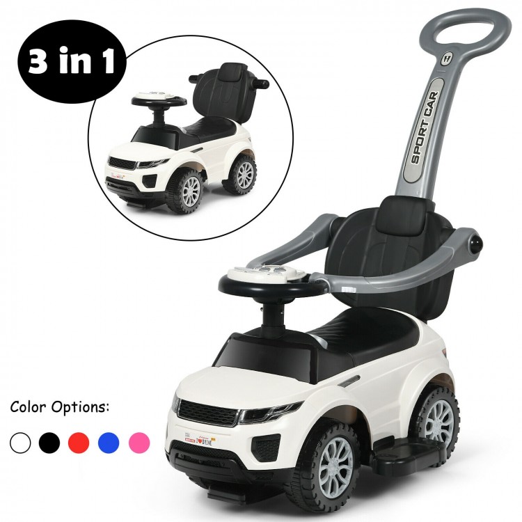 3-in-1 ride-on push car in white with removable parental handle, music steering wheel, and storage for toddlers.