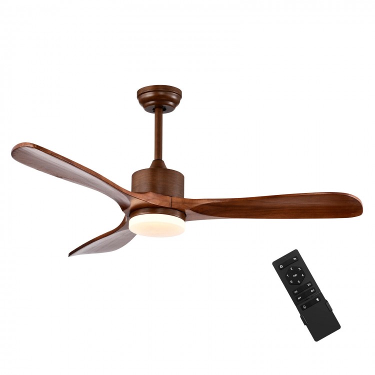 52-inch reversible ceiling fan in brown with LED light, remote control, and adjustable temperature for year-round.