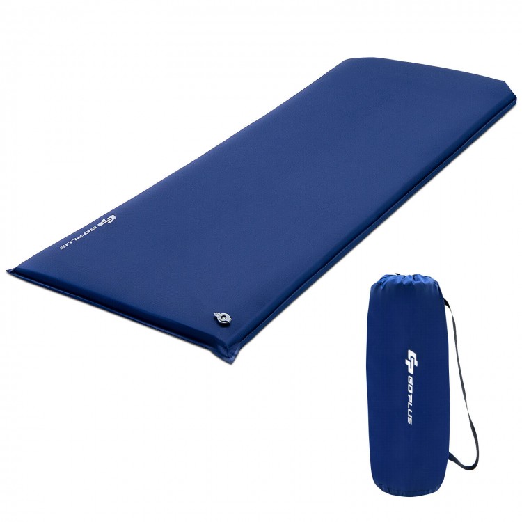 Blue self-inflating foam sleeping pad with storage bag, featuring moisture-resistant fabric and high thermal resistance.