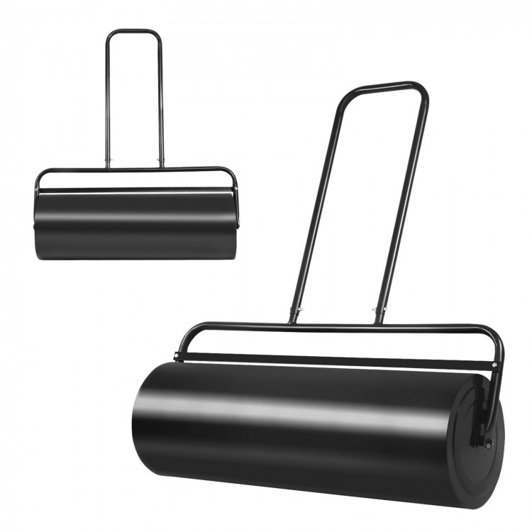 Black 36 x 12 inch tow lawn roller with U-shaped handle, ideal for leveling gardens and lawns in spring.