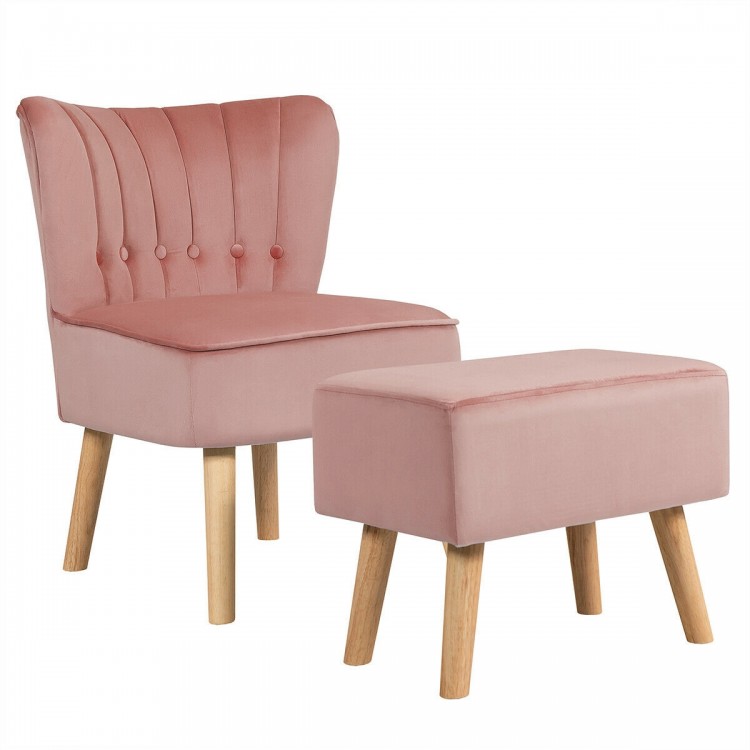 Thick padded pink leisure chair and ottoman set with rubber wood legs, perfect for living room or bedroom relaxation.