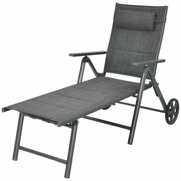 Gray patio reclining chaise lounge with adjustable neck pillow, foldable design, and wheels for easy movement. Ideal.