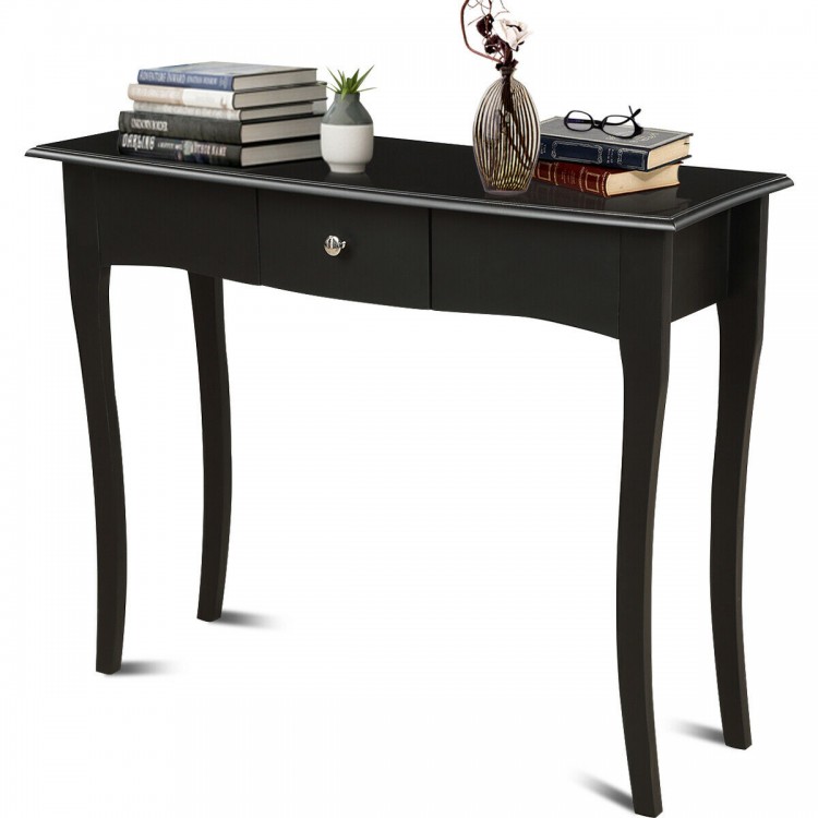 Elegant black console table with storage drawer, crafted from acacia wood and MDF, perfect for hallway or living room.