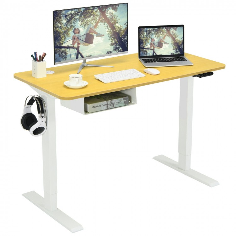 Electric height adjustable desk with natural finish, USB port, and control panel for ergonomic workspace setup.
