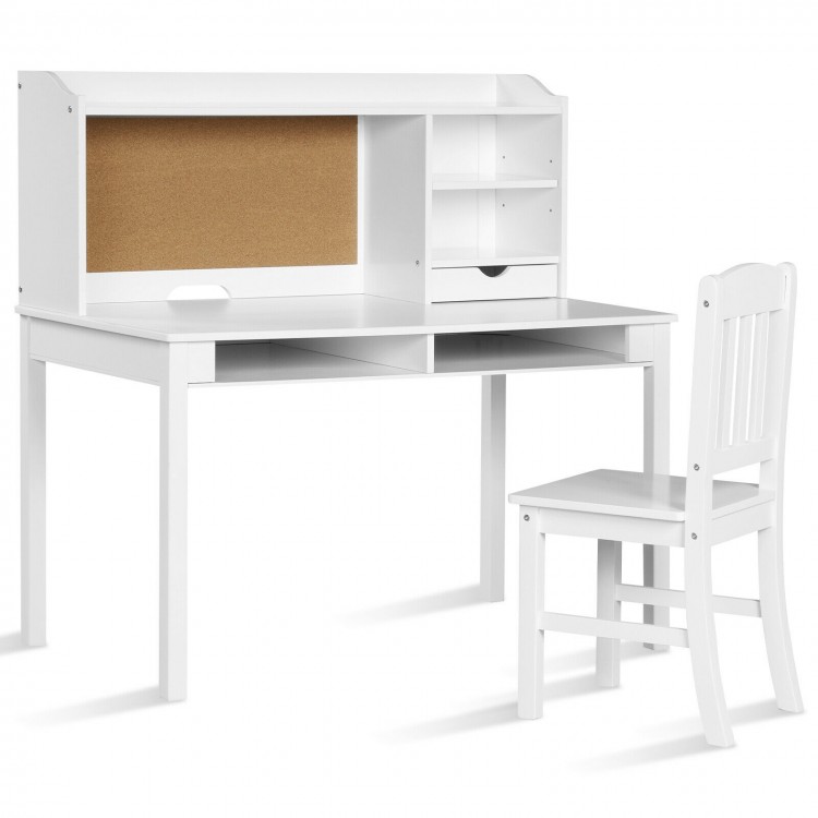 Kids desk and chair set in white with hutch, storage shelves, and cork board, perfect for study and organization.