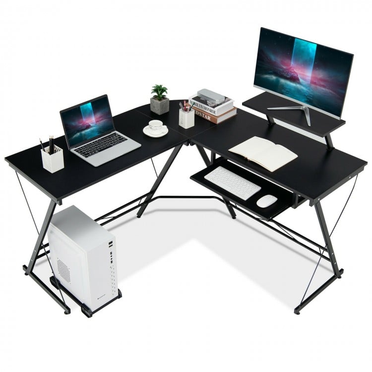 L-shaped black computer desk with removable monitor stand and pull-out keyboard tray, ideal for home office.