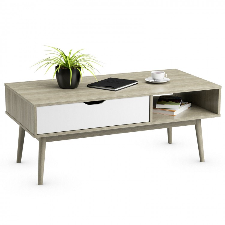 Gray coffee cocktail accent table with drawer and open shelves, perfect for stylish living room storage and decor.
