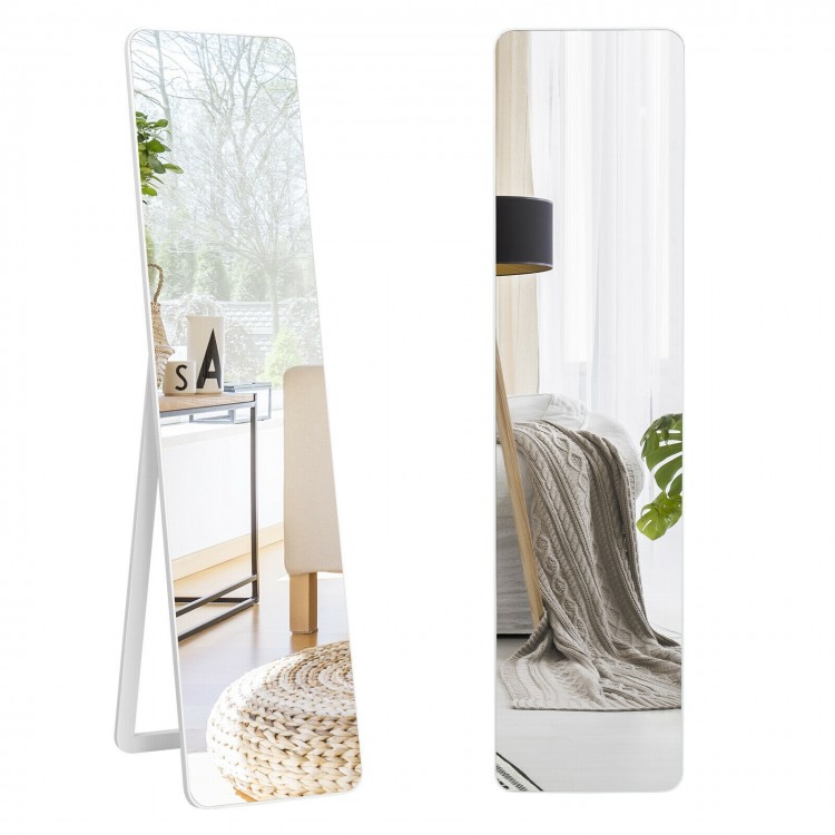 Full-length frameless floor mirror with a solid wood frame, U-shaped bracket, and explosion-proof glass for safe use.