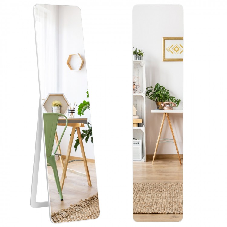 Frameless floor mirror in white, featuring a sleek design and sturdy U-shaped bracket, perfect for modern dressing.