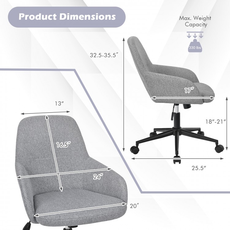 Adjustable gray linen accent chair dimensions with ergonomic design, suitable for home office use and comfort.