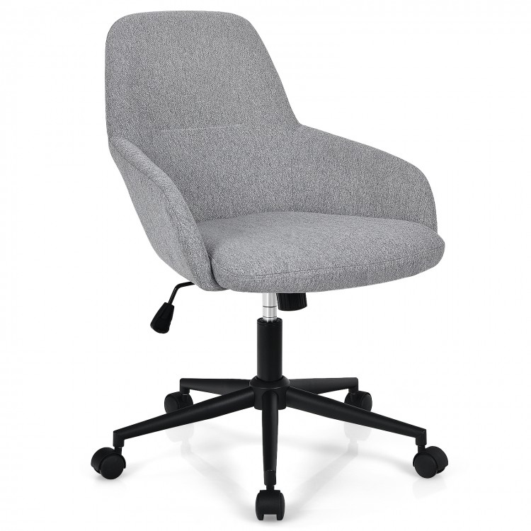 Gray linen accent adjustable rolling swivel chair with armrest, ergonomic design for home office use.