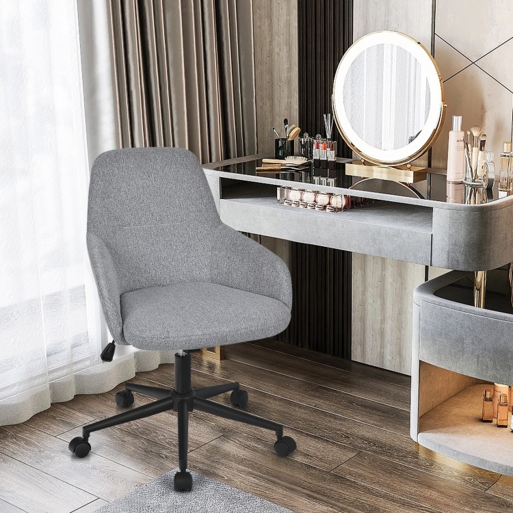 Gray linen accent adjustable rolling swivel chair with armrest, perfect for home office or vanity use.