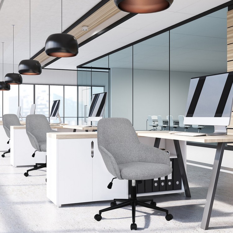 Gray linen accent adjustable rolling swivel office chair with armrest, designed for comfort and style in home or office.