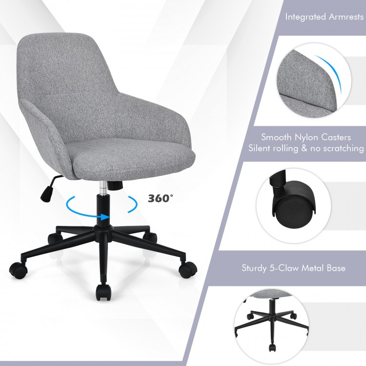 Gray linen accent adjustable rolling swivel chair with armrests, ergonomic design, and smooth-rolling casters for.