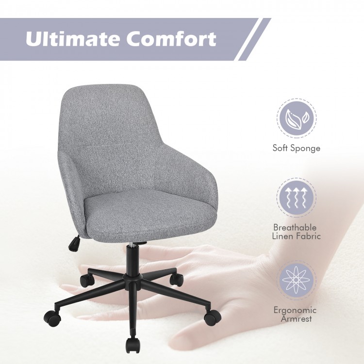 Gray linen accent adjustable rolling swivel chair with ergonomic armrest, perfect for home or office use.