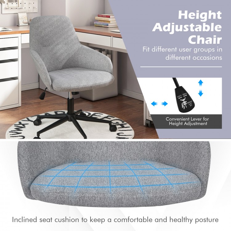 Gray linen accent adjustable rolling swivel chair with armrest, featuring ergonomic design and height adjustment for.