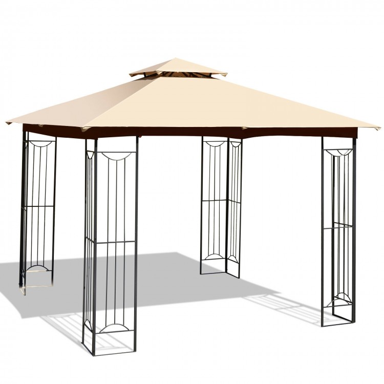 L-shaped 10 x 10 feet beige patio gazebo with double roof and steel structure, perfect for outdoor events and.