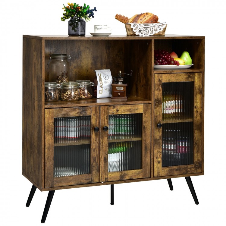 Rustic brown buffet kitchen storage cupboard with glass doors, adjustable shelves, and black tapered legs for stylish.
