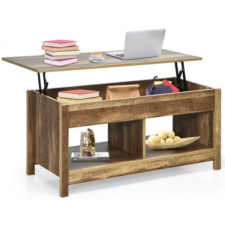 Lift top coffee table in natural finish with hidden storage and lower shelf, ideal for study room or office use.