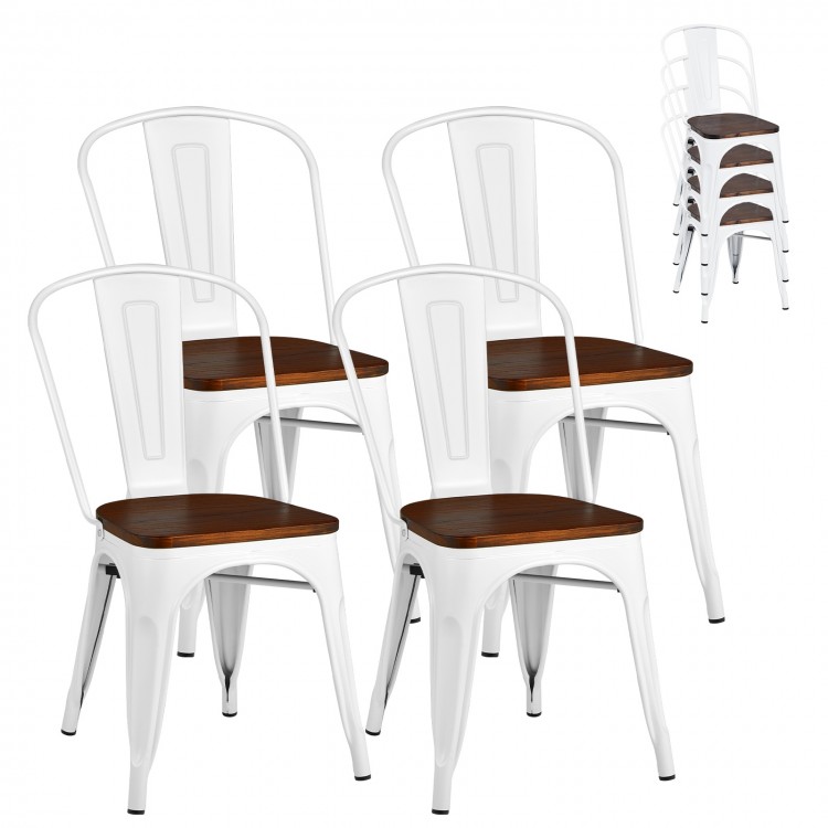 Set of 4 white Tolix style metal dining chairs with wooden seats, stackable design for easy storage and comfort.