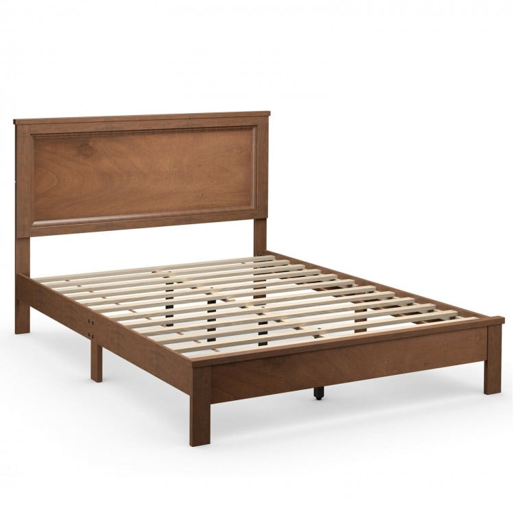 Full size platform slat bed frame in walnut with high headboard and solid rubber wood for durability and comfort.