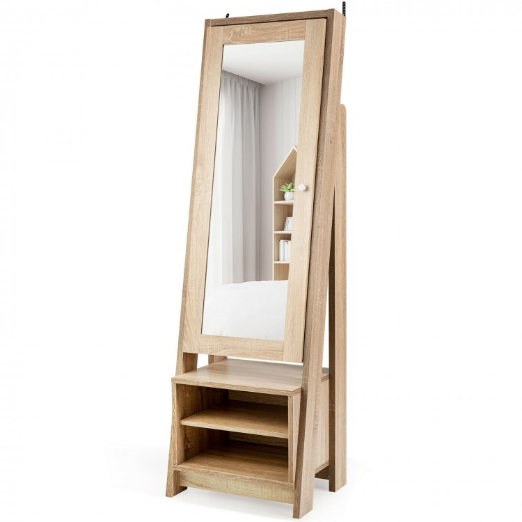 Freestanding wooden cosmetics storage cabinet with full-length mirror and adjustable bottom rack for jewelry.