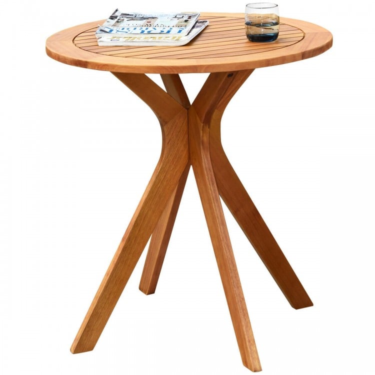 Round solid wood coffee side bistro table with X-shaped legs, varnished for waterproofing, perfect for outdoor or.