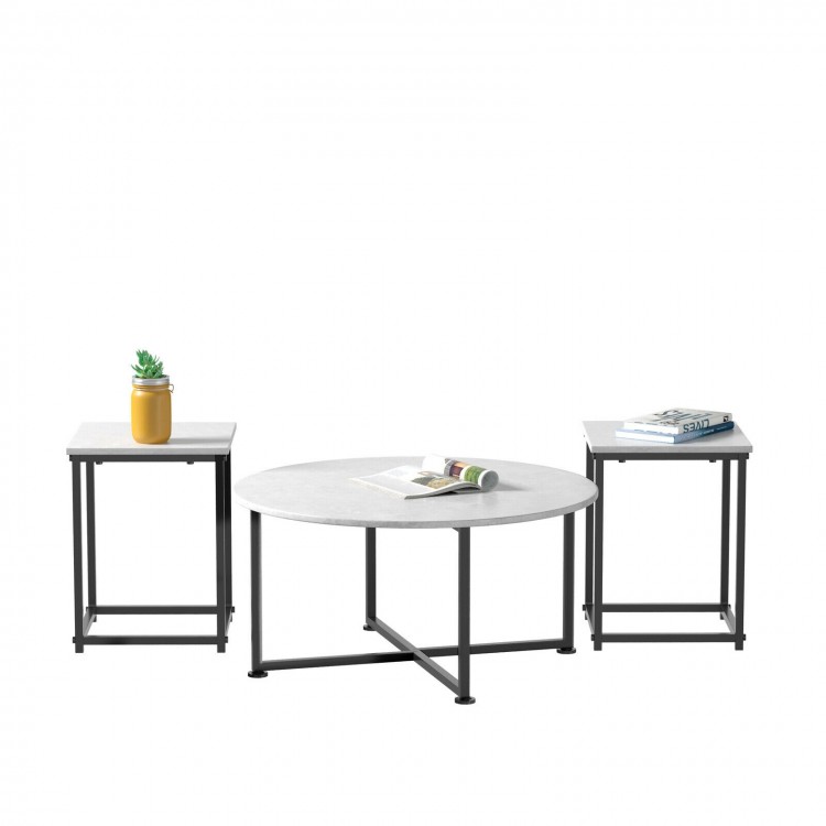 Three-piece modern coffee table set featuring a round faux marble table and two square tables with steel frames.