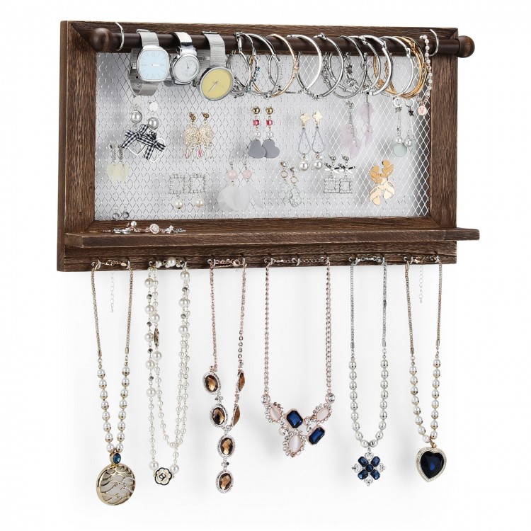 Wall mounted jewelry rack made of pine wood with metal hooks, featuring organized storage for necklaces, earrings, and.
