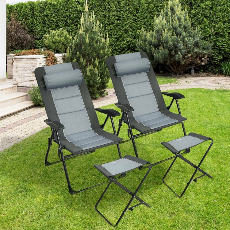 Set of 2 gray Patiojoy folding dining chairs with ottomans, featuring adjustable recline and breathable materials for.