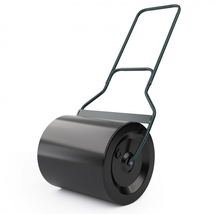 Lawn roller with U-shaped handle, 16-gallon capacity, designed for flattening uneven ground in gardens and backyards.