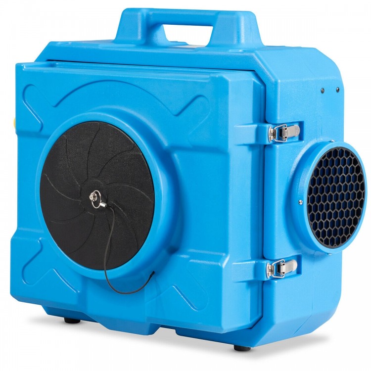 Industrial air scrubber in blue with HEPA filter, designed for efficient odor elimination in areas up to 2000 sq.ft.