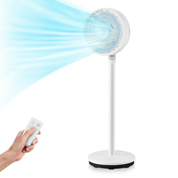 Portable 9-inch oscillating pedestal fan in white with adjustable height, remote control, and 3 speed settings for.