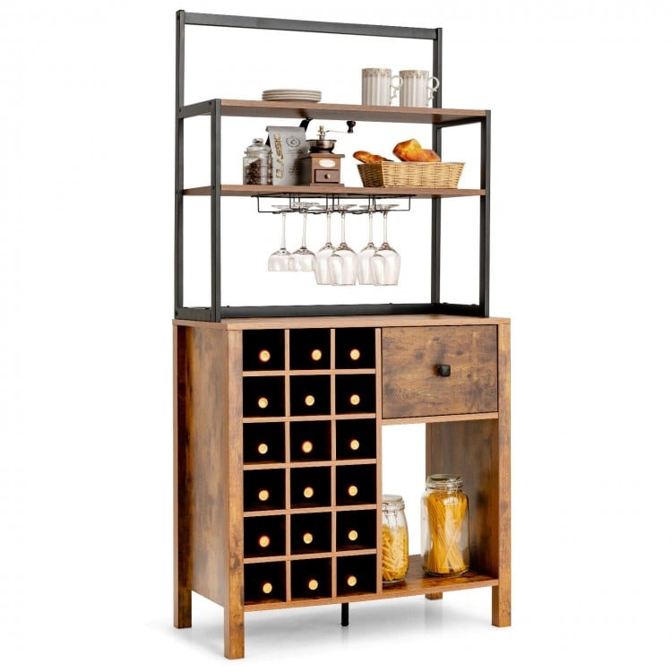 Freestanding kitchen baker's rack in rustic brown with wine rack, glass holder, drawer, and open storage compartment.