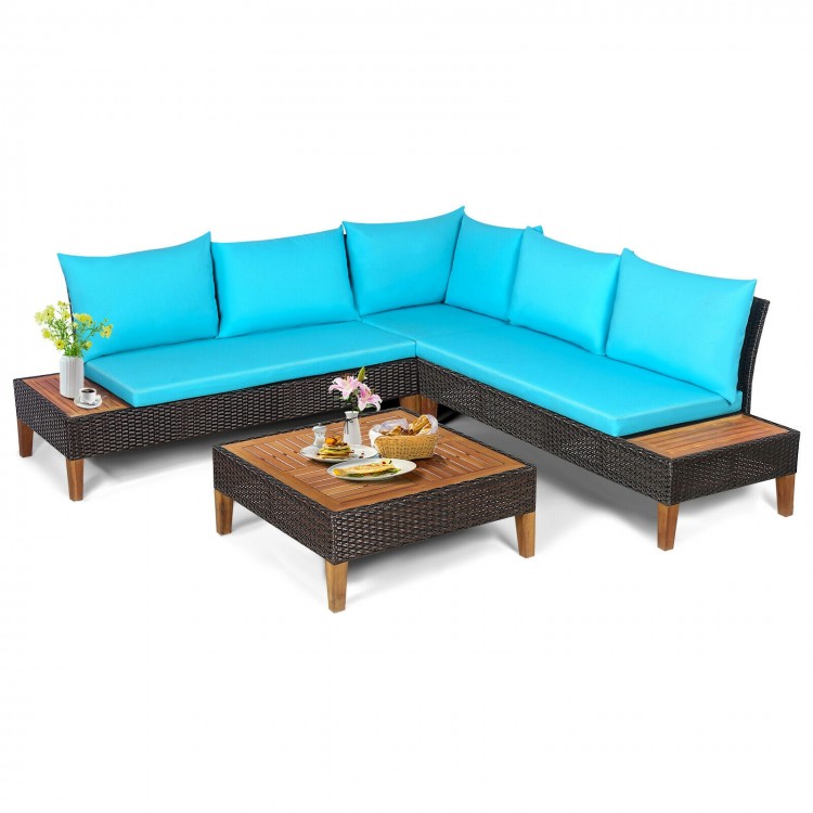 L-shaped patio sofa set with turquoise cushions, solid acacia wood, and PE rattan, perfect for outdoor relaxation.