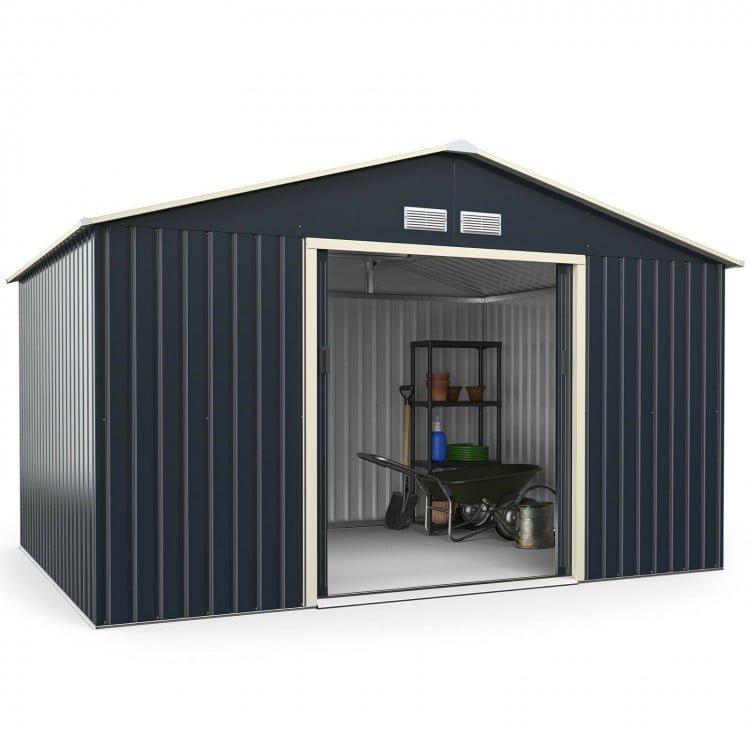 Metal storage shed with lockable sliding doors, gray color, 11 x 8 feet, ideal for garden tools and outdoor storage.