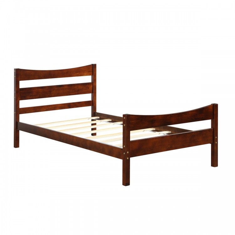 Twin size walnut platform bed frame with solid wood slats, ideal for compact spaces and easy storage underneath.