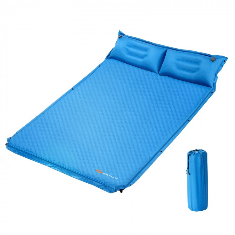 Self-inflating camping mat in blue with pillows, designed for comfort and portability, ideal for outdoor activities.
