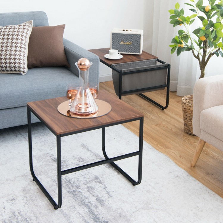 Nesting coffee tables in rustic brown with a wide tabletop and side pocket, perfect for living room or bedroom use.