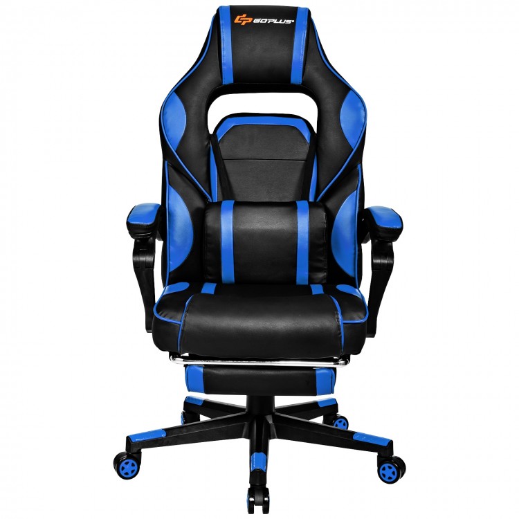 Massage gaming chair with footrest, ergonomic design, adjustable height, and lumbar support in black and blue.