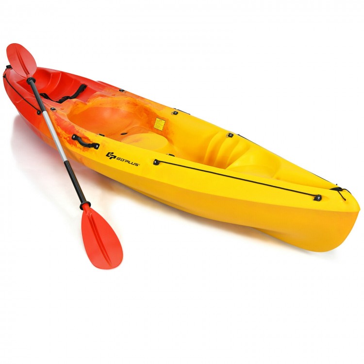 Single sit-on-top kayak in yellow and red with detachable aluminum paddle, ideal for fishing and leisure activities.