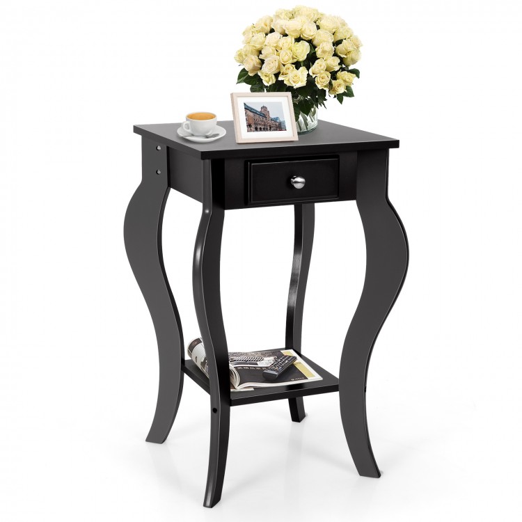 Elegant black 2-tier end table with drawer and shelf, perfect for living room or bedroom storage and decor.