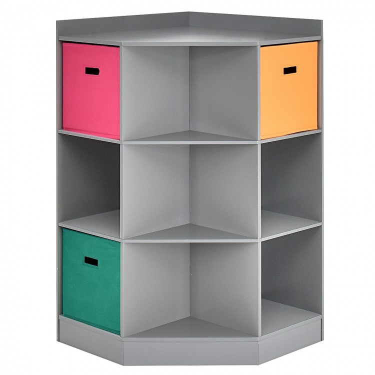 Gray 3-tier kids storage shelf corner cabinet with 3 colorful baskets, perfect for organizing toys and books in any.